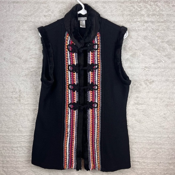 MYTHOLOGY Hippie 100% Wool Faux Fur Trim Vest Boho Hippie Large Scandinavia Knit - Picture 1 of 14